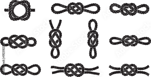 Various knots and rope ties in black and white