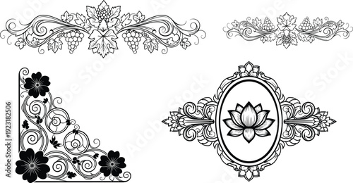 Set of black vintage decorative ornaments featuring intricate grape vine dividers floral corner frames and ornate lotus flower oval borders for luxury wedding design.