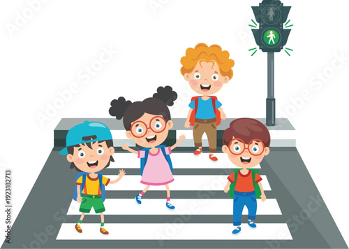 Cheerful cartoon children crossing the street safely at a crosswalk with a green traffic light