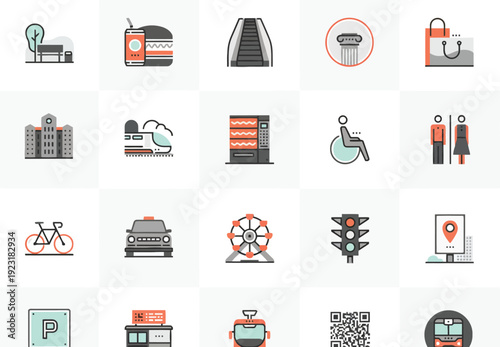 Vibrant flat icon set for city life, featuring transportation, amenities, services, and social elements.