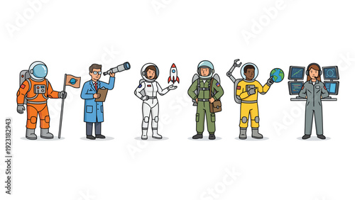 Diverse Space Team: Astronauts, Scientists & Mission Control Staff for Exploration & Research