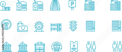 Set of thin line icons for city elements: recreation zone, fast food, escalator, WiFi hotspot, buildings, monument, shopping, entertainment, hostel, traffic light, vending machine, museum, bus stop, s