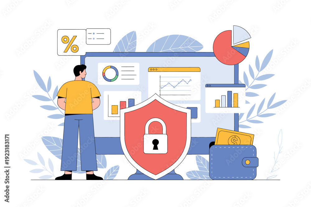 Obraz premium A man stands in front of a computer screen with a shield and lock symbolizing financial data security and protection.