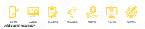 Content Strategy Lineal Yellow Icon Set For Web Banner. Vector Illustration Concept With Some Icons. Designed In Lineal Yellow Style