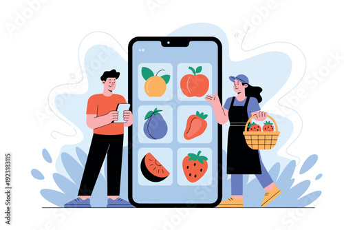A man and woman using a smartphone to browse and purchase fresh fruits online