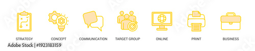 Marketing Lineal Yellow Icon Set For Web Banner. Vector Illustration Concept With Some Icons. Designed In Lineal Yellow Style