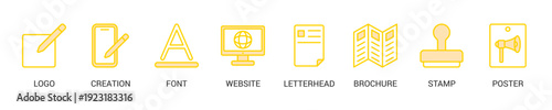 Corporate Design Lineal Yellow Icon Set For Web Banner. Vector Illustration Concept With Some Icons. Designed In Lineal Yellow Style
