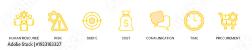 Project Management Lineal Yellow Icon Set For Web Banner. Vector Illustration Concept With Some Icons. Designed In Lineal Yellow Style