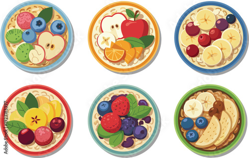 Healthy oatmeal bowls with fresh fruits including banana, apple, berries and citrus vector breakfast illustration set