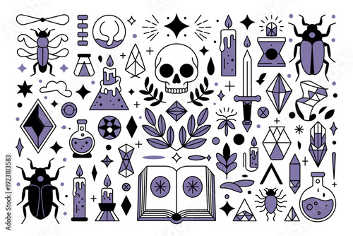 A collection of mystical and magical symbols, including skulls, crystals, and potions, arranged in a whimsical illustration.