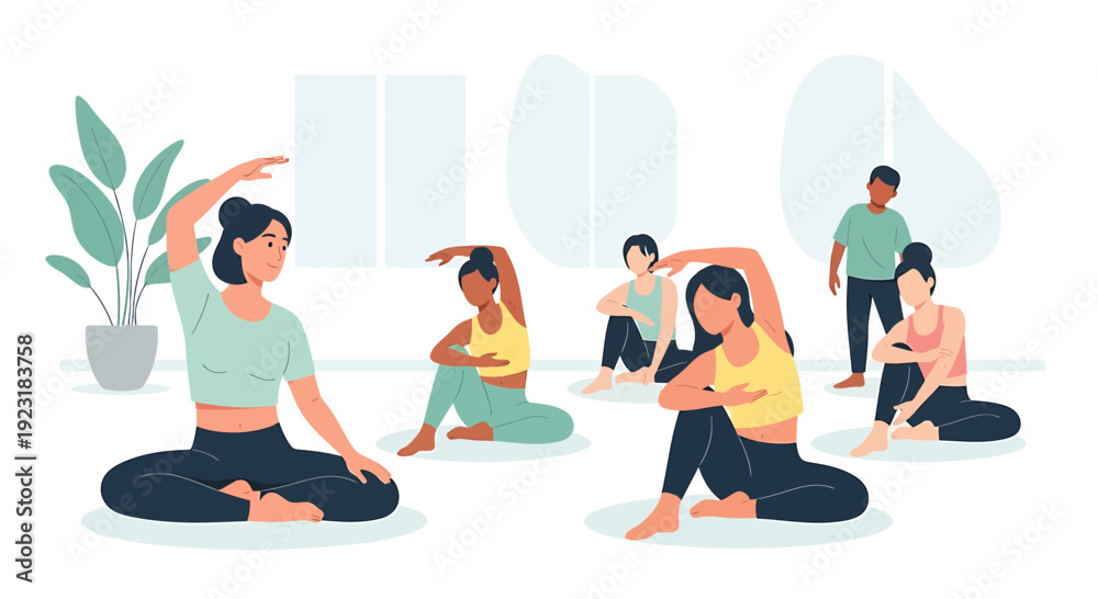 Obraz premium Diverse Group Practicing Yoga Poses in a Bright Studio