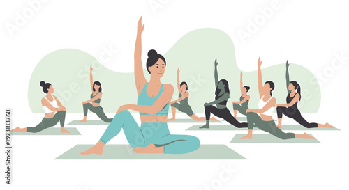 Diverse group practicing yoga poses on mats, guided by instructor.