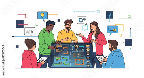 Diverse team collaborating on digital interface, brainstorming ideas with lightbulbs and gears.