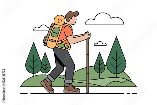 A cartoon man hiking in the mountains with a backpack and trekking poles