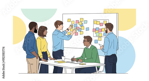 Diverse team brainstorming ideas on sticky notes at a whiteboard