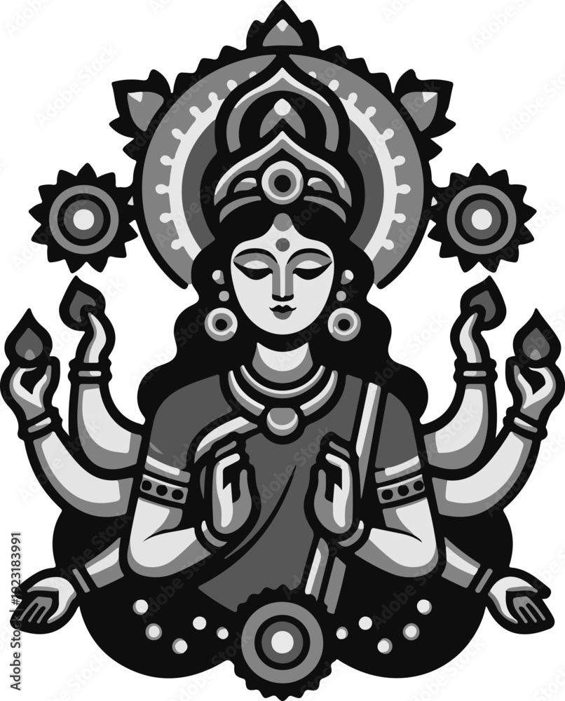 Fototapeta premium High-Contrast Graphic of an Indian Goddess with Elaborate Headdress, Embodying Prosperity, Power, and the Divine Feminine in Pop Art Style