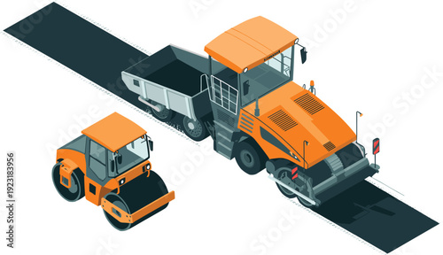 Isometric asphalt paving machine with road roller compactor working on highway construction site vector illustration