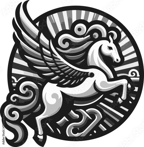 High-Contrast Digital Art of a Galloping Steed, Emphasizing Movement, Power, and the Fantasy Element of the Winged Horse 