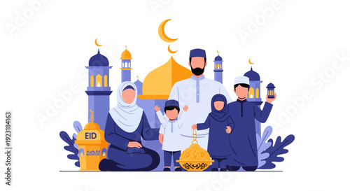 Happy Muslim Family Celebrating Eid Mubarak with Mosque and Lanterns Vector Illustration