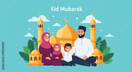 Joyful Muslim Family Celebrating Eid Mubarak with Mosque, Crescent, and Lanterns in a Festive Flat Illustration