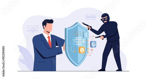Cybersecurity Shield: Businessman Protecting Digital Data from Masked Hacker Attack