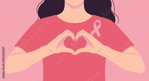 Woman with Pink Ribbon and Heart Hands for Breast Cancer Awareness