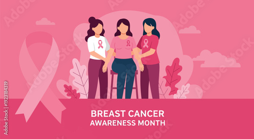 Breast Cancer Awareness Month: Women's Solidarity with Pink Ribbons, Support & Hope Illustration