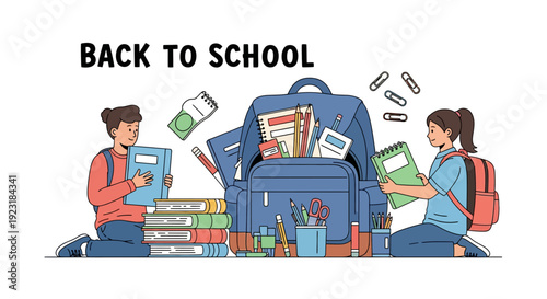 Back to School illustration with happy students packing backpack and school supplies. Education concept design.