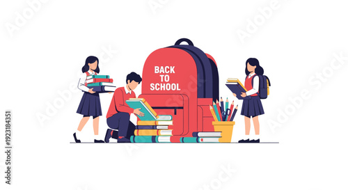 Back to School Preparation: Students Organizing Books and Supplies with a Large Backpack