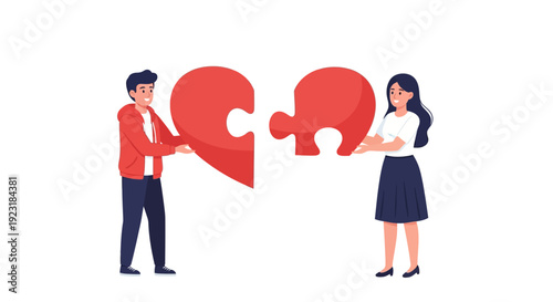 Couple Connecting Heart Puzzle Pieces, Symbolizing Love, Partnership, and Relationship Unity. Vector Illustration for Romance and Connection.