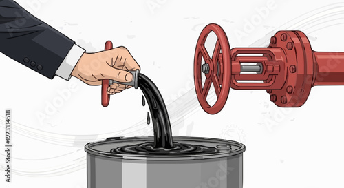 Businessperson hand turning industrial valve releasing crude oil flowing into neutral metal barrel, conceptual illustration of global petroleum trade and energy management, clean vector style.