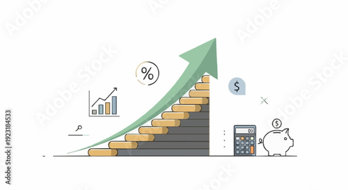 Modern stock illustration of rising savings concept, upward trend arrow with coins and abstract financial icons, clean minimal vector style, neutral colors, corporate finance theme, no logos or brand.