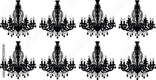 Set of elegant chandelier silhouettes featuring vintage crystal hanging lamps ornate Victorian lighting fixtures and decorative ceiling pendants for luxury home interior and decor