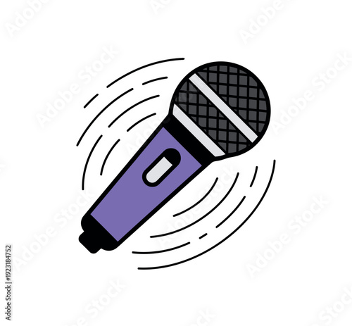 A cartoon illustration of a purple microphone with sound waves emanating from it