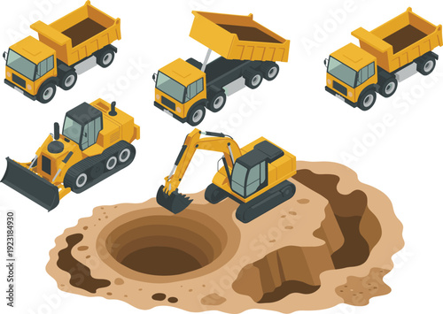 Isometric construction machinery set with dump trucks, bulldozer and excavator digging large excavation pit vector illustration collection