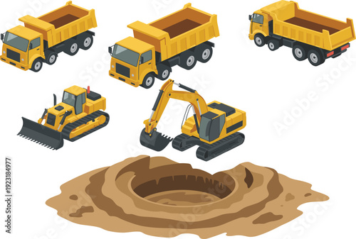 Isometric construction machinery set with dump trucks, bulldozer, excavator and ground excavation site vector illustration collection