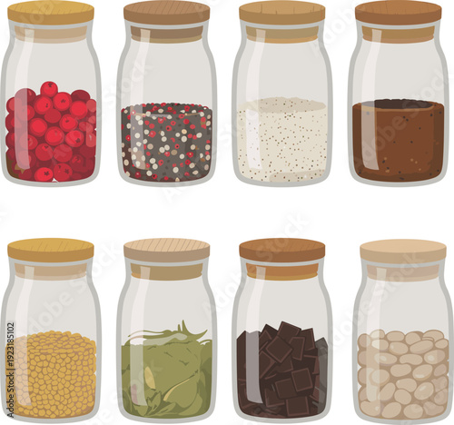 Isometric glass jars with spices, grains, chocolate and dried ingredients kitchen storage vector illustration collection set