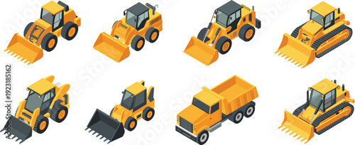 Isometric construction machinery collection with wheel loaders, bulldozers and dump truck heavy equipment vector illustration set