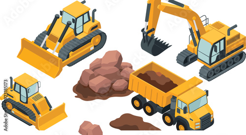 Isometric heavy construction vehicles set with bulldozer, excavator, dump truck and rocks for mining industry vector illustration