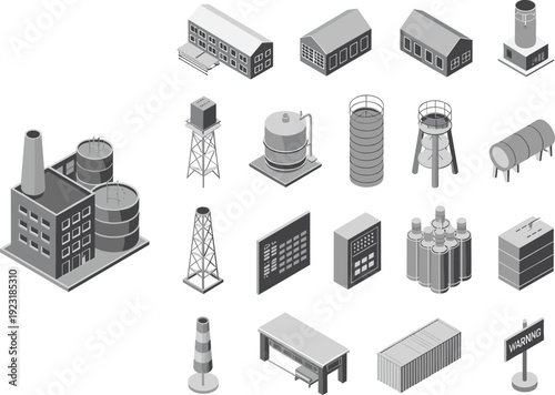 Isometric industrial factory building collection with oil tanks, refinery equipment, storage containers and power plant infrastructure vector illustration set