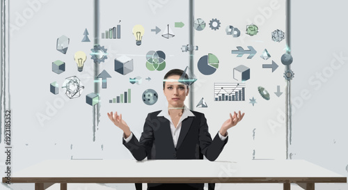 Professional businesswoman organizing floating abstract icons and geometric shapes around her head, symbolizing problem solving and structured thinking, clean office background, soft natural lighting.
