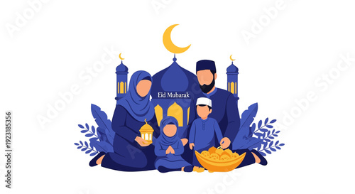 Happy Muslim Family Celebrating Eid Mubarak with Mosque, Crescent Moon, and Lantern - Islamic Holiday Celebration