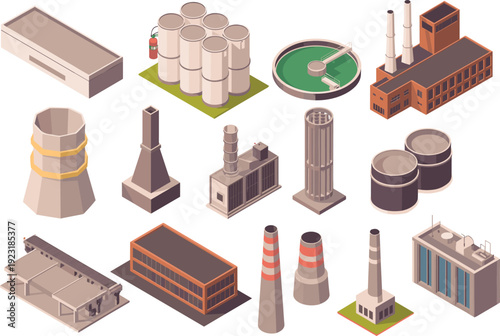 Isometric industrial factory and refinery equipment set with storage tanks, chimneys, silos and power plant infrastructure vector illustration