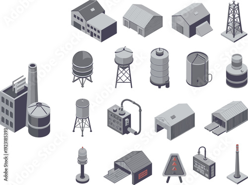 Isometric industrial factory buildings and refinery equipment set with storage tanks, warehouses, oil towers and infrastructure vector illustration