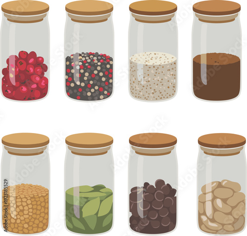 Isometric pantry glass jars with spices, grains, coffee and dried ingredients kitchen storage vector illustration set