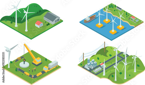 Isometric renewable energy concept with wind turbines, offshore farm, power station and green landscape vector illustration