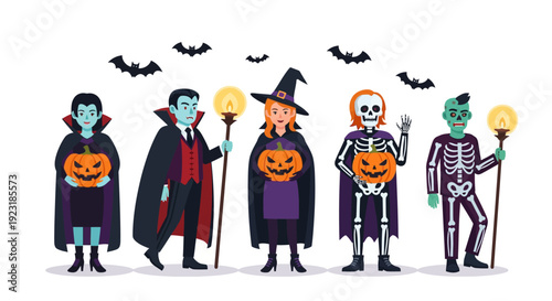 Friendly Halloween Characters Set: Vampires, Witch, Skeleton, and Zombie with Pumpkins & Bats, Flat Vector Illustration