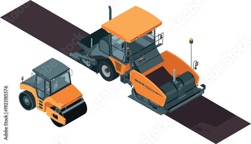 Isometric road construction machinery with asphalt paver and roller compactor paving new highway surface vector illustration