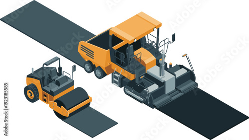 Isometric road construction machinery with asphalt paver and roller compactor paving highway surface vector illustration