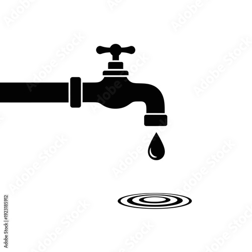 Simple black silhouette of a water faucet with a dripping drop